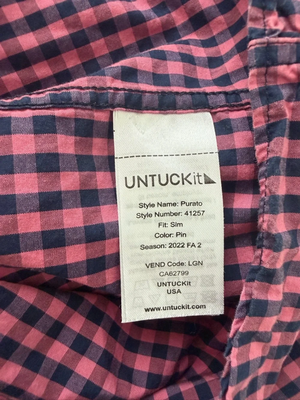 UNTUCKit Pink Gingham 100% Cotton Slim Fit Long-Sleeve Button Shirt Size L